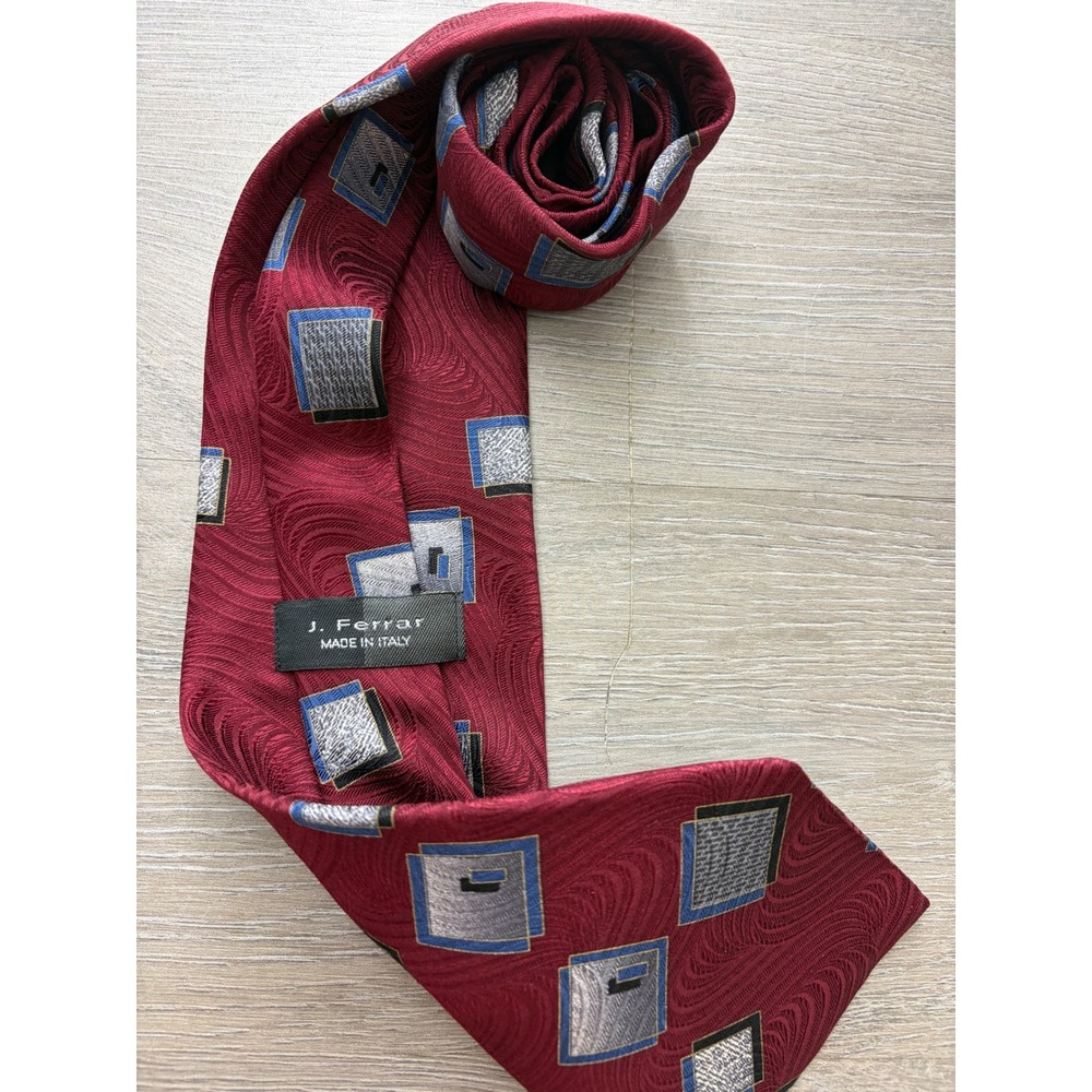 J. Ferrar Mens Silk Tie Burgundy Red Geometric Square Made in Italy